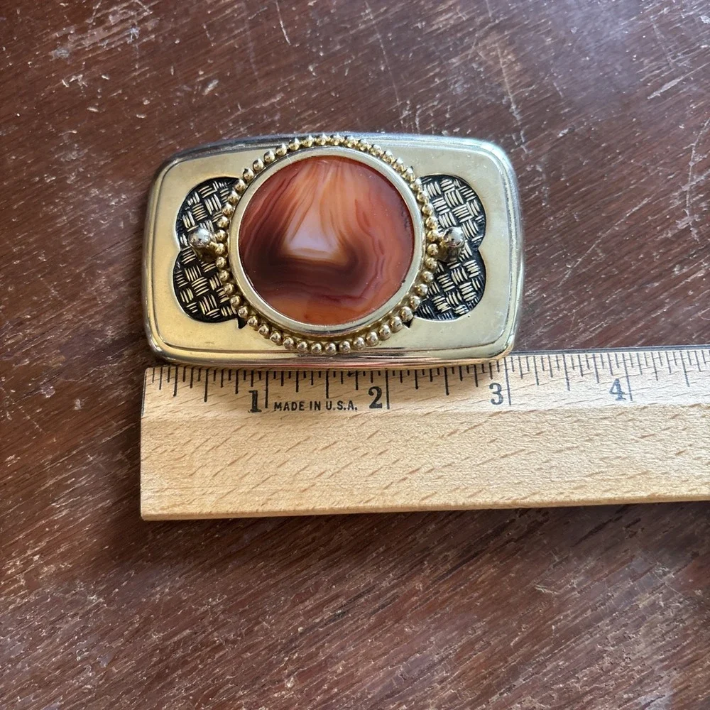 Vintage Western Belt Buckle - Agate Stone - Heavy Gold Tone Metal